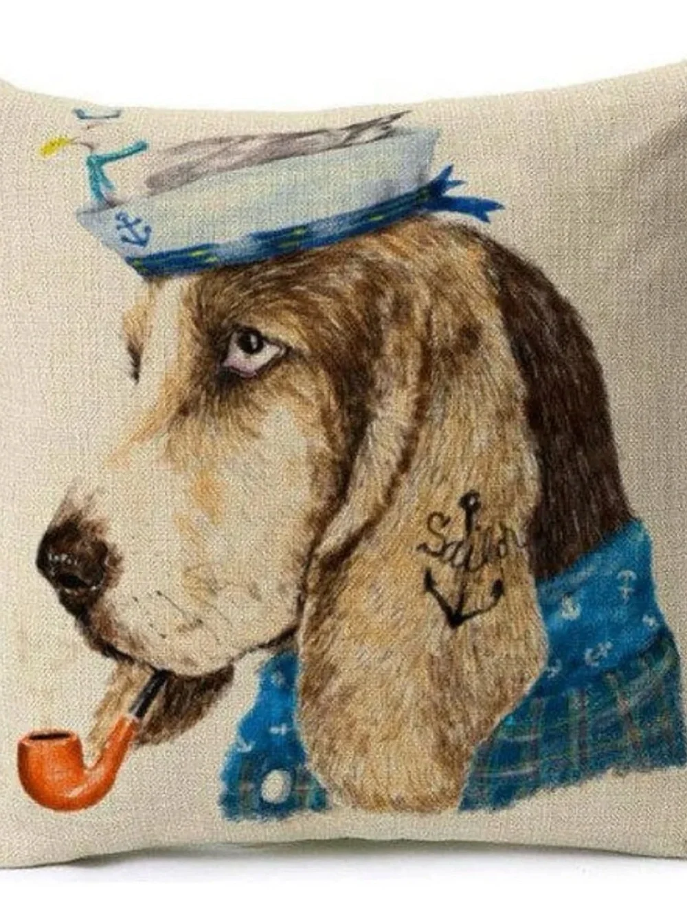 Basset Hound Sailor Dog with Pipe Decorative Pillow Cover Blue Brown 17”x17”